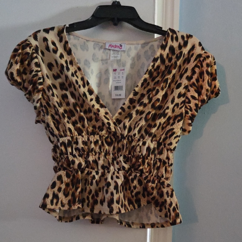 Tan and Brown Puff Sleeve Ruched Blouse